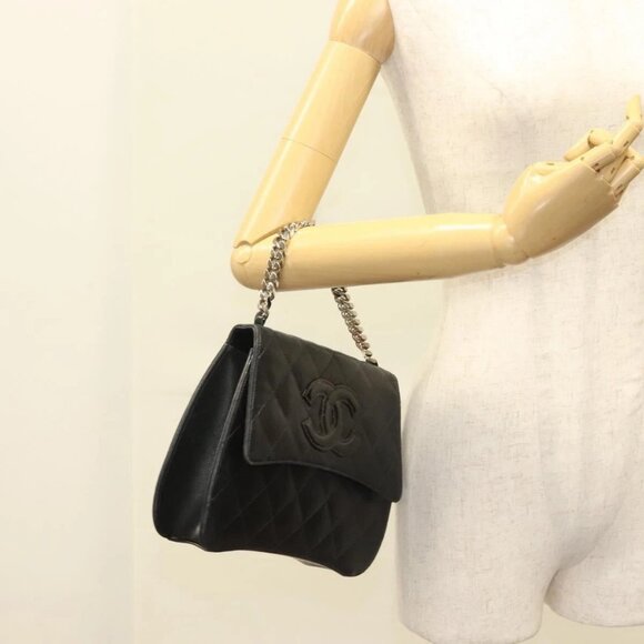 CHANEL Matelasse Chain Hand Bag Lamb Skin Black Silver CC Auth 133037 - Picture 14 of 16